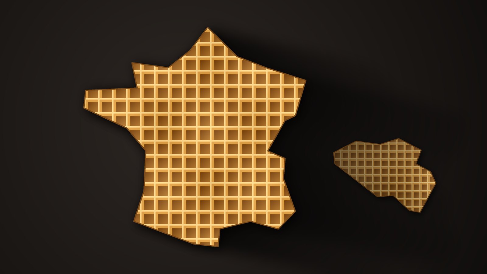 Illustration: France as a large golden waffle, with a smaller Belgian waffle sitting in its shadow
